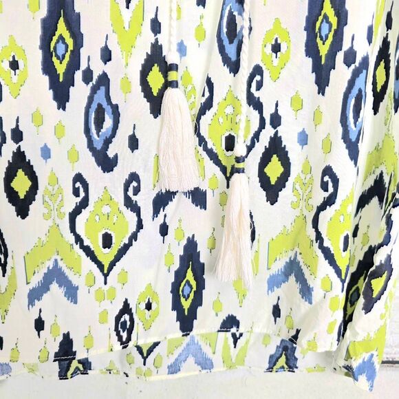 Rose + Olive Ikat Print Tassel Blouse Rayon M - Picture 4 of 8